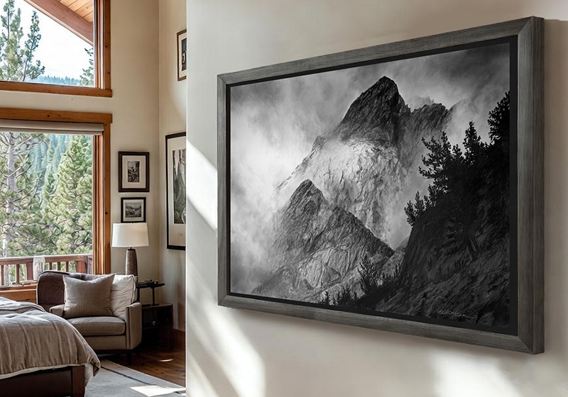 Graphite drawing installed in a luxury mountain bedroom